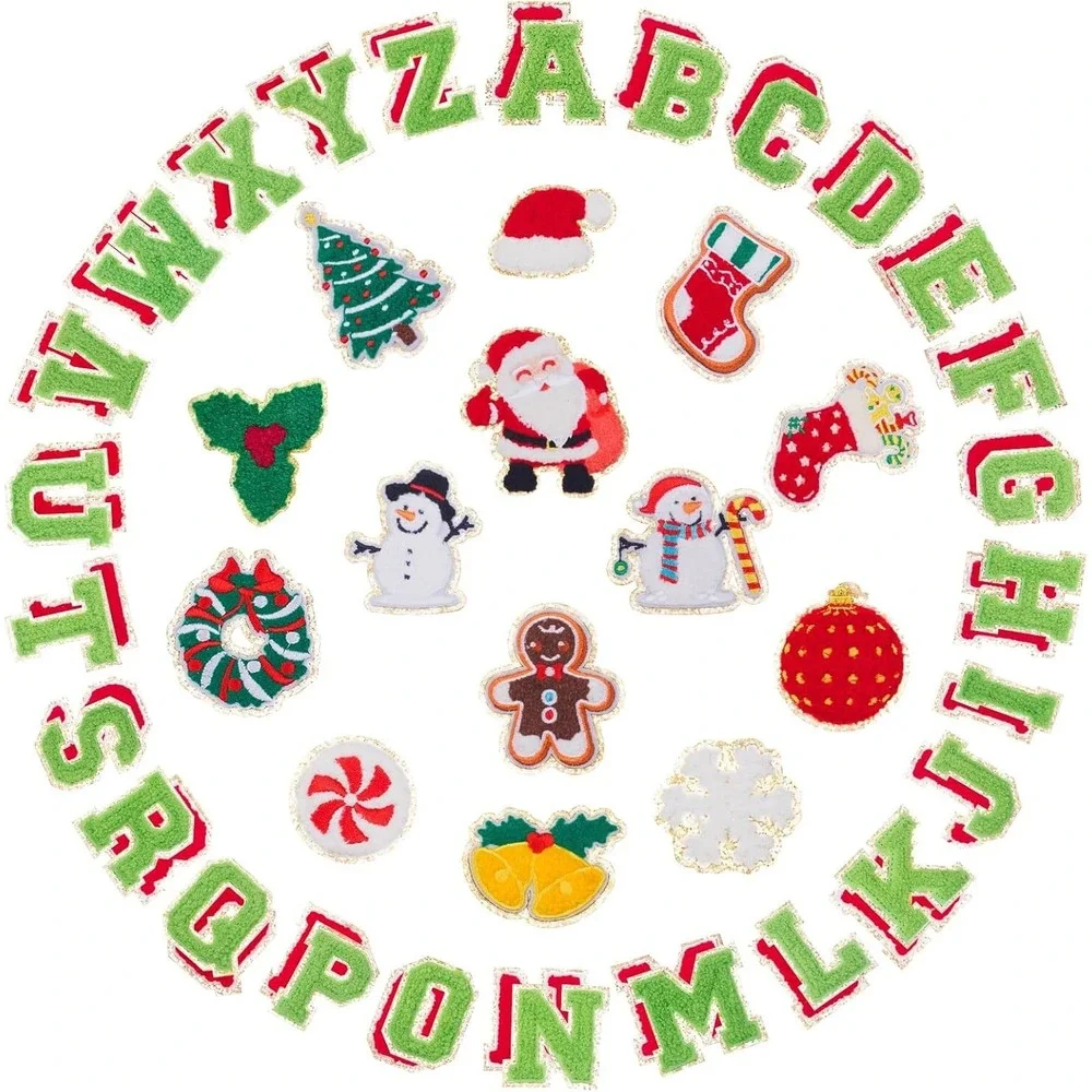 Urradia 66 Pc Christmas Chenille Patches A-Z Letters Santa Iron On Red Green